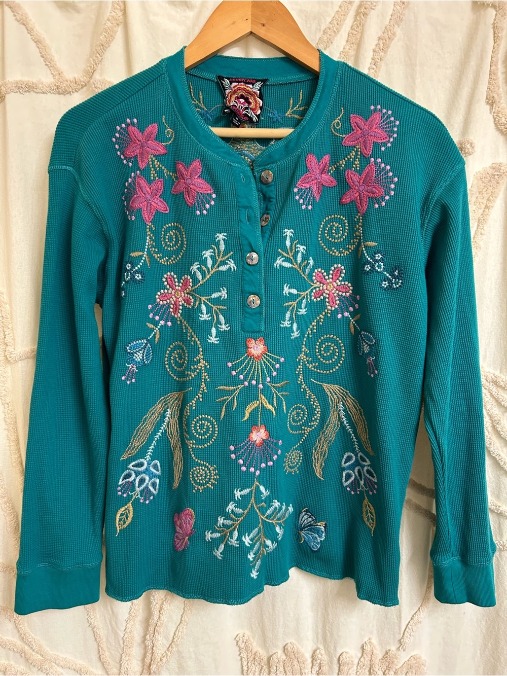Johnny Was Sisa Embroidered Waffle Knit Thermal Henley in Quetzal Green Size M - Picture 5 of 11